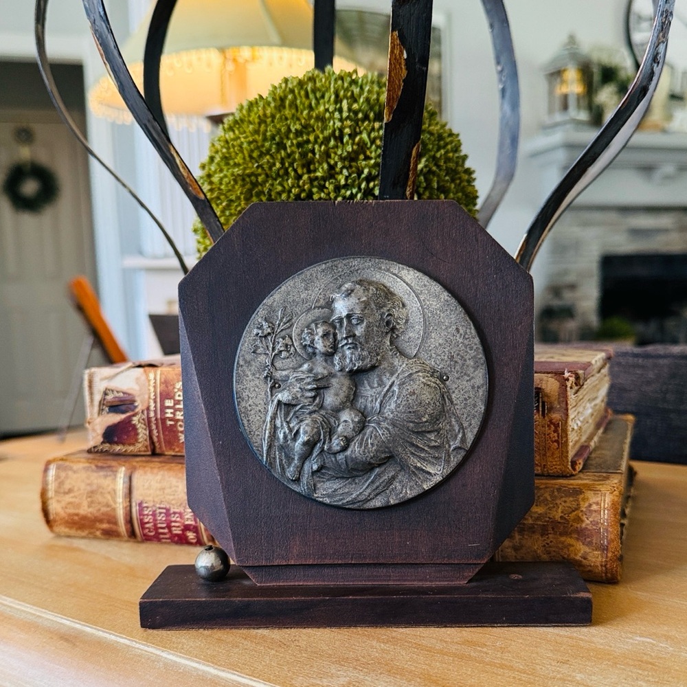 1920s Antique Religious Metal and Wood Saint Joeseph and Child Jesus